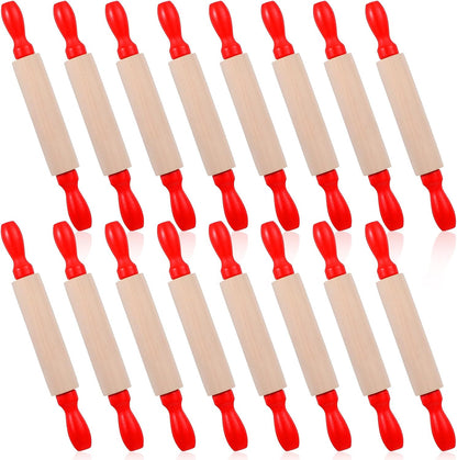 16 Pcs Mini Rolling Pin, 8 Inch Wood Dough Roller for Baking with Red Handle, Small Clay Rolling Pin for Craft Fondant Pastry Pizza Crafting and Imaginative Play