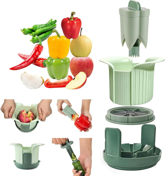 Apple Slicer and Corer With Pepper Seed Corer Remover, Upgraded Heavy Duty Apple Cutter Slicer with Stand, Cuts 8 Slices Up to 3.5" Fruits, Efficient Meal Prep - Green
