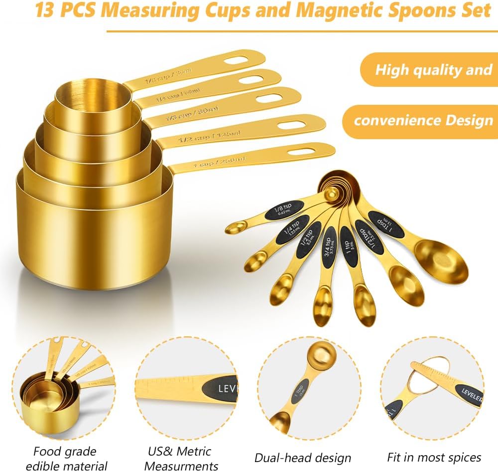Gold Measuring Cups & Spoons Set for Cooking, 13pcs