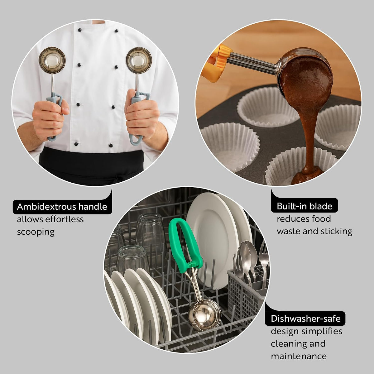 Comfy Grip 4 Ounce Gelato Scoop 1 Ambidextrous Ice Cream Scoop - Built-In Blade Bright Handle Gray Stainless Steel Cookie Dough Scoop Comfortable Grip For All Ingredients