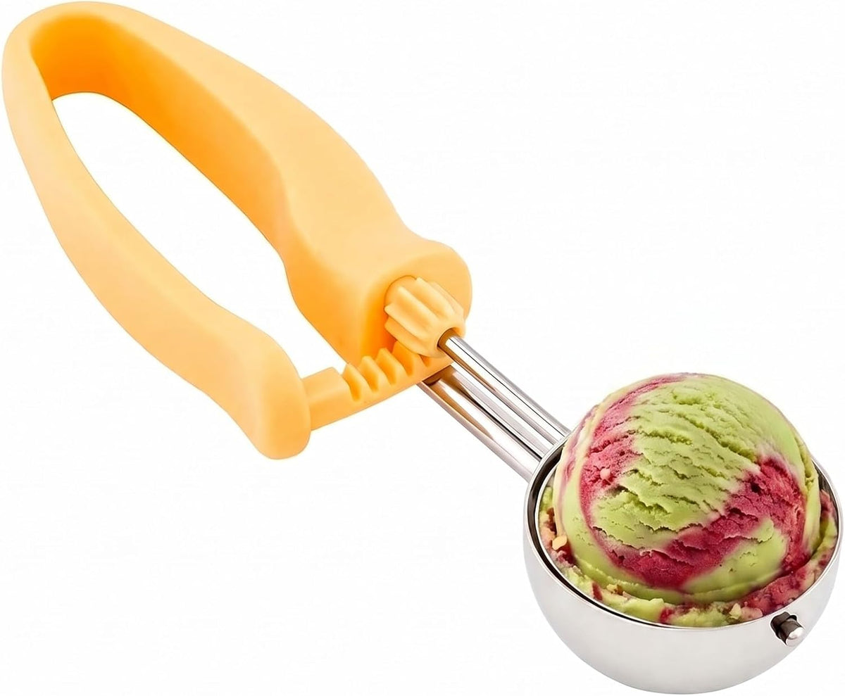 Comfy Grip 4 Ounce Gelato Scoop 1 Ambidextrous Ice Cream Scoop - Built-In Blade Bright Handle Gray Stainless Steel Cookie Dough Scoop Comfortable Grip For All Ingredients