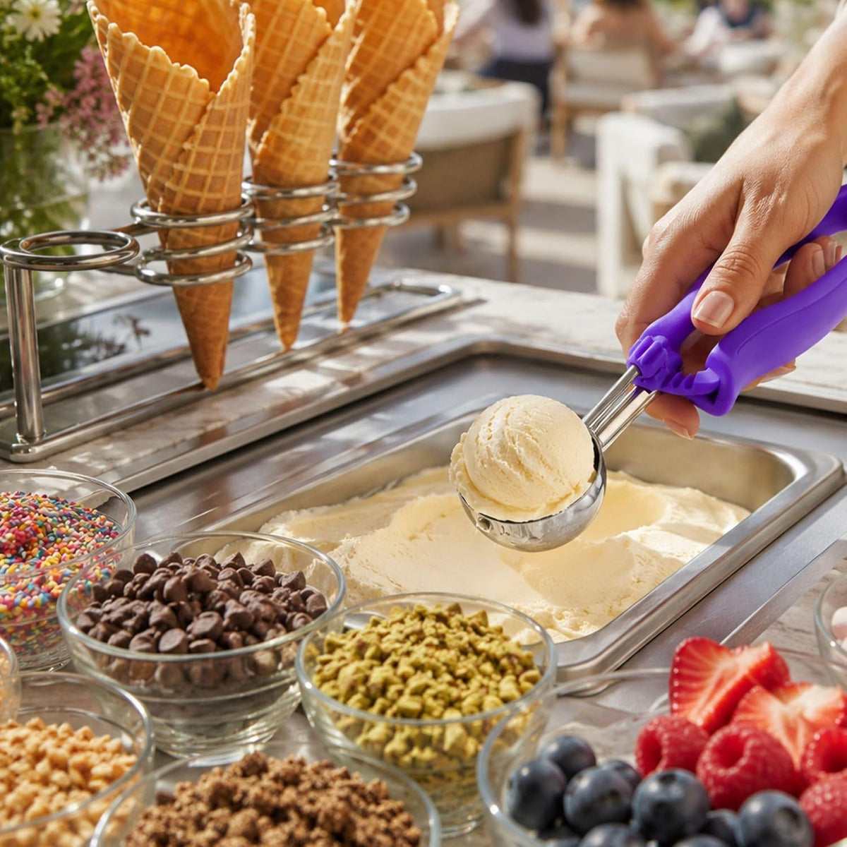 Comfy Grip 4 Ounce Gelato Scoop 1 Ambidextrous Ice Cream Scoop - Built-In Blade Bright Handle Gray Stainless Steel Cookie Dough Scoop Comfortable Grip For All Ingredients