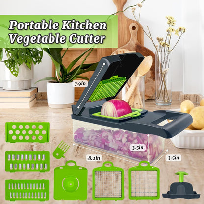Vegetable Chopper, Multifunctional 14-in-1 Kitchen Veggie Chopper Food Chopper with 8 Blades, Pro Onion Chopper Vegetable Cutter Slicer Dicer with Container for Patato, Salad