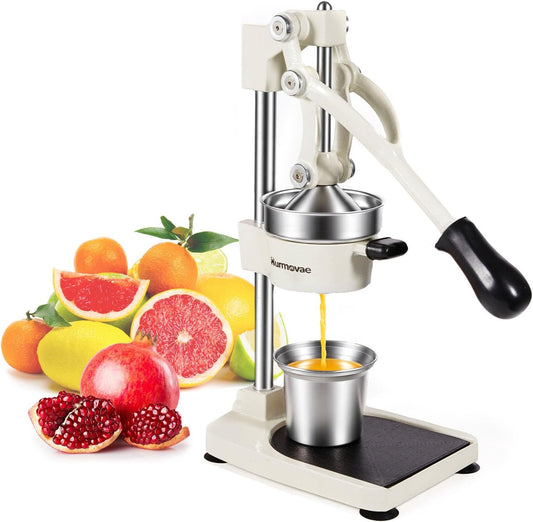 Cast Iron Manual Juicer For Orange Lemon Lime Pomegranate &Citrus | Heavy-Duty Hand Press Juicer, Orange Squeezer, 17"Tall, Sturdy Flat Base & Stainless Steel Cup, Easy to Clean, White