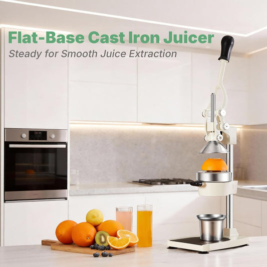Cast Iron Manual Juicer For Orange Lemon Lime Pomegranate &Citrus | Heavy-Duty Hand Press Juicer, Orange Squeezer, 17"Tall, Sturdy Flat Base & Stainless Steel Cup, Easy to Clean, White