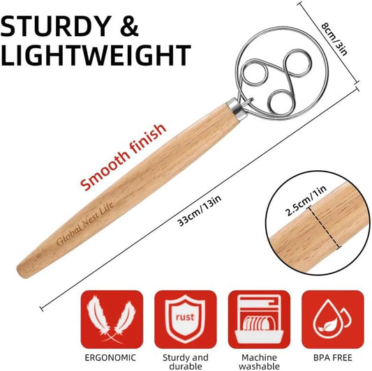 Sourdough Danish Dough Whisk – Three Eye Stainless Steel Upgraded Triple-Loop Bread Mixer Tool With Premium Heavy Duty Solid Wood Handle For Lasting Durability For Artisan Dough, Pizza, And Pastries