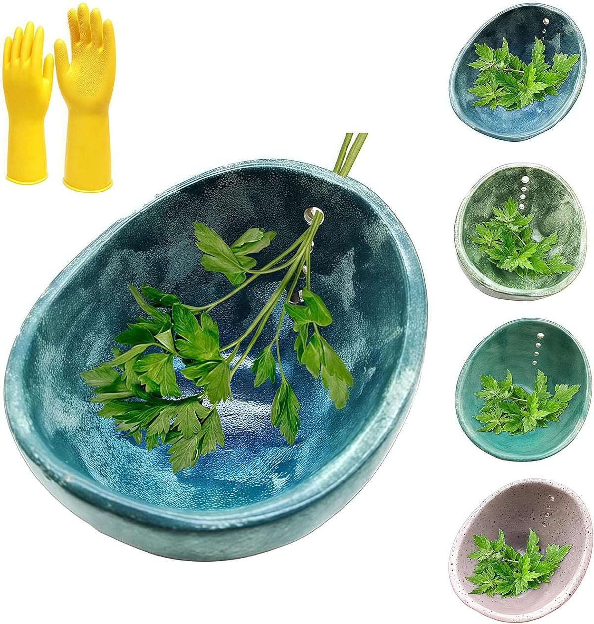Hugimpel Pottery Herb Stripper Bowl,Hamblin Bros Pottery Herb Stripper Bowl, Handmade Ceramic Herbs Peeling Cup with Different Hole Sizes,for Peeling Off the Leafy Assembly (Blue)