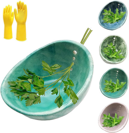 Hugimpel Pottery Herb Stripper Bowl,Hamblin Bros Pottery Herb Stripper Bowl, Handmade Ceramic Herbs Peeling Cup with Different Hole Sizes,for Peeling Off the Leafy Assembly (Blue)