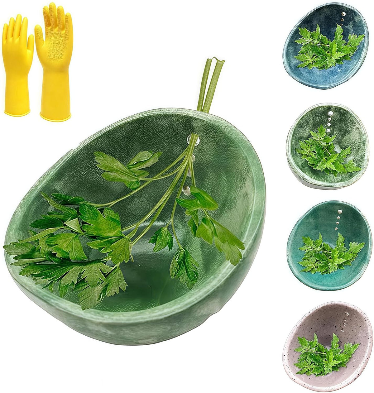 Hugimpel Pottery Herb Stripper Bowl,Hamblin Bros Pottery Herb Stripper Bowl, Handmade Ceramic Herbs Peeling Cup with Different Hole Sizes,for Peeling Off the Leafy Assembly (Blue)