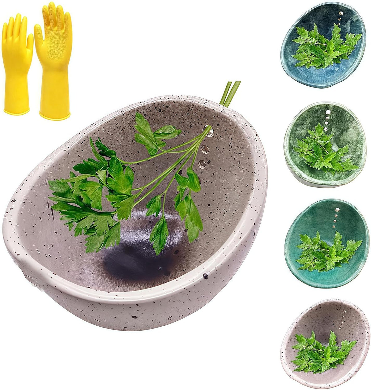 Hugimpel Pottery Herb Stripper Bowl,Hamblin Bros Pottery Herb Stripper Bowl, Handmade Ceramic Herbs Peeling Cup with Different Hole Sizes,for Peeling Off the Leafy Assembly (Blue)