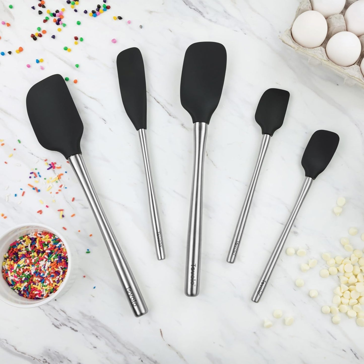 Flex Core 5 Piece Silicone Spatula Set Heat Resistant All Silicone Utensils Include Non Stick Spatula Spoonula Jar Scraper, Dishwasher Safe BPA Free Spatulas for Baking Mixing, White
