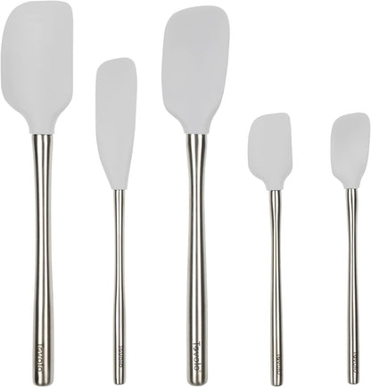 Flex Core 5 Piece Silicone Spatula Set Heat Resistant All Silicone Utensils Include Non Stick Spatula Spoonula Jar Scraper, Dishwasher Safe BPA Free Spatulas for Baking Mixing, White