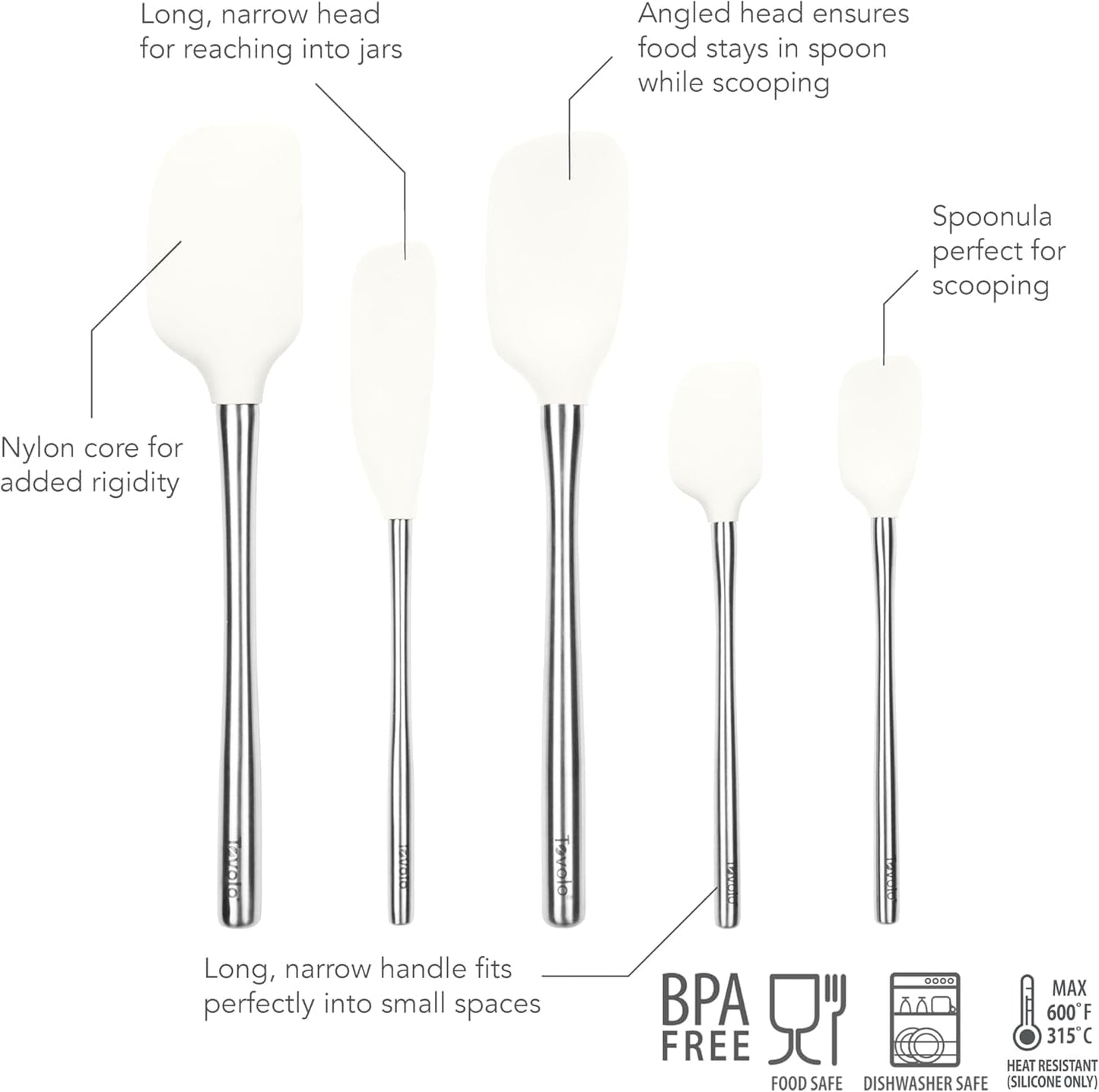 Flex Core 5 Piece Silicone Spatula Set Heat Resistant All Silicone Utensils Include Non Stick Spatula Spoonula Jar Scraper, Dishwasher Safe BPA Free Spatulas for Baking Mixing, White