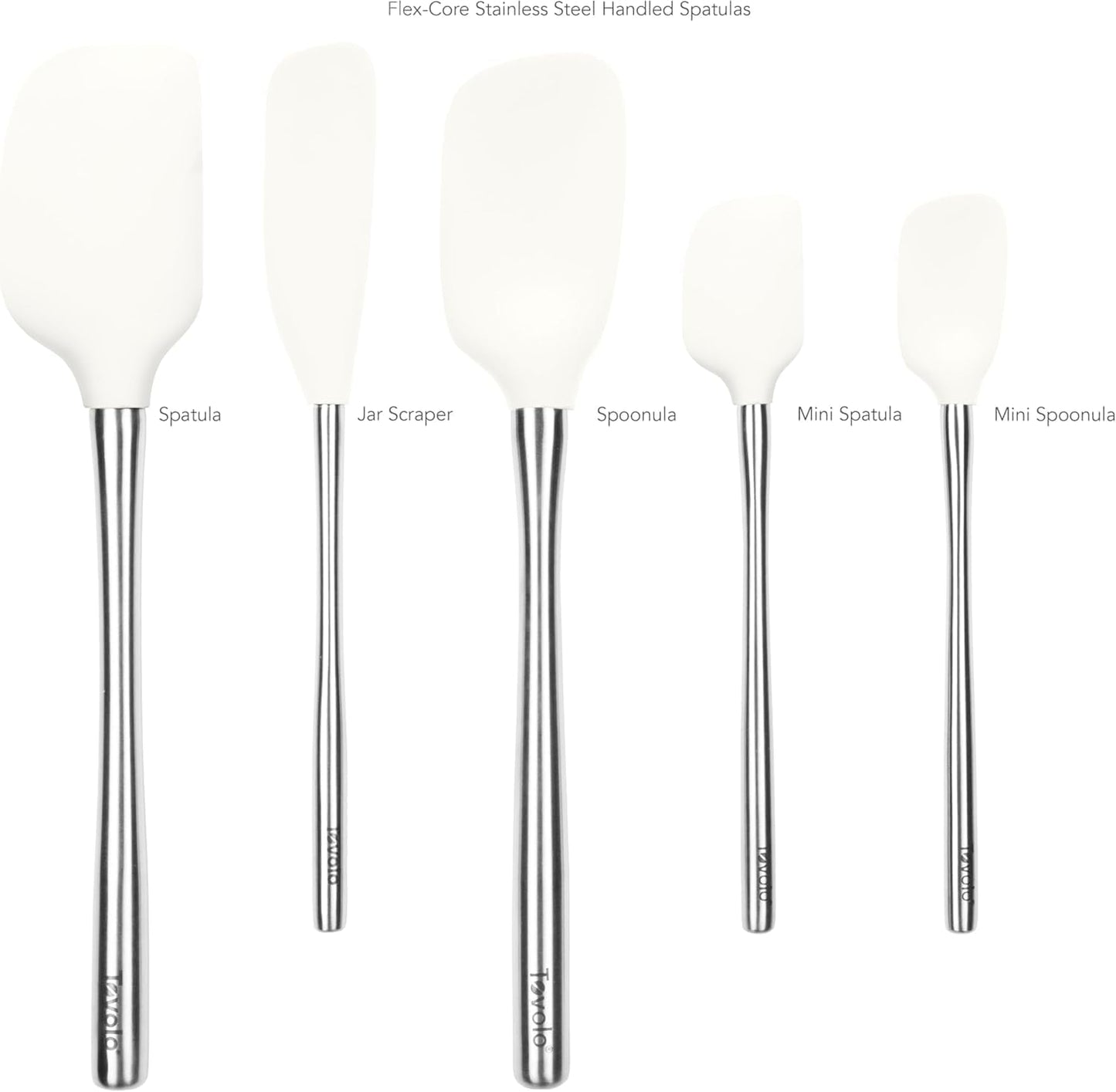Flex Core 5 Piece Silicone Spatula Set Heat Resistant All Silicone Utensils Include Non Stick Spatula Spoonula Jar Scraper, Dishwasher Safe BPA Free Spatulas for Baking Mixing, White