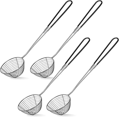4 Pieces Hot Pot Kit Strainer Scoops Stainless Steel 2.5 Inch Mini Spider Strainer Skimmer Pasta Mesh Spoon Asian Skimmer Spoon Ladle with Handle for Home (Black)