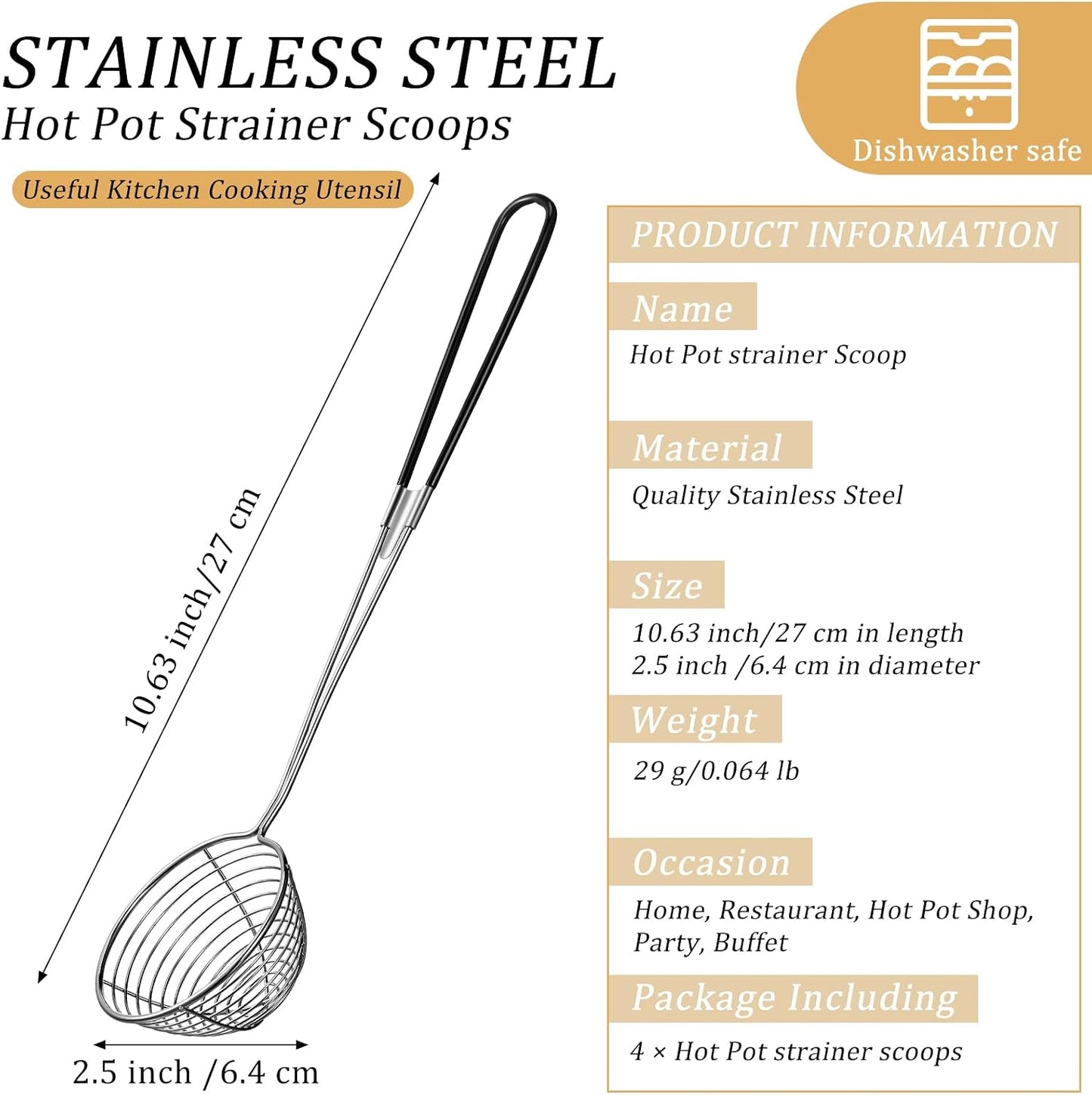 4 Pieces Hot Pot Kit Strainer Scoops Stainless Steel 2.5 Inch Mini Spider Strainer Skimmer Pasta Mesh Spoon Asian Skimmer Spoon Ladle with Handle for Home (Black)