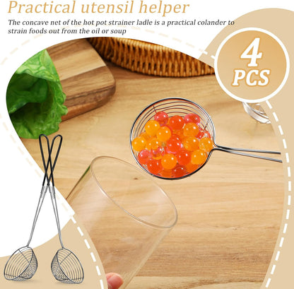 4 Pieces Hot Pot Kit Strainer Scoops Stainless Steel 2.5 Inch Mini Spider Strainer Skimmer Pasta Mesh Spoon Asian Skimmer Spoon Ladle with Handle for Home (Black)