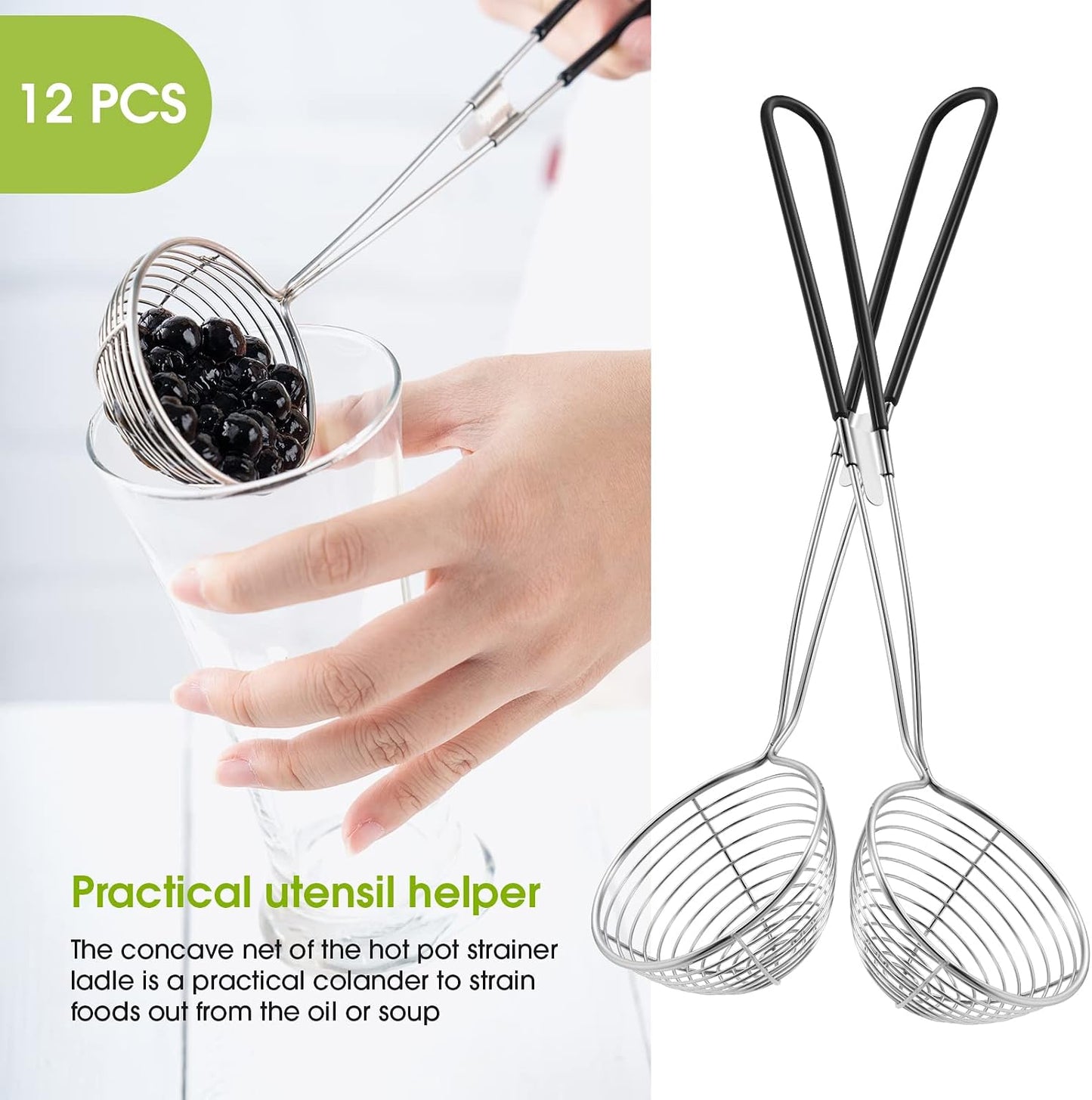 4 Pieces Hot Pot Kit Strainer Scoops Stainless Steel 2.5 Inch Mini Spider Strainer Skimmer Pasta Mesh Spoon Asian Skimmer Spoon Ladle with Handle for Home (Black)
