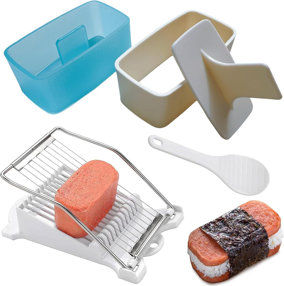 Spam Musubi Mold, 4 Pcs Musubi Maker Kit Spam Slicer Musubi Press Sushi Rice Onigiri Mold Set Egg Cutter for Luncheon Meat Hot Dog Cheese Strawberry Lunch Bento (4pc-Beige/Blue)