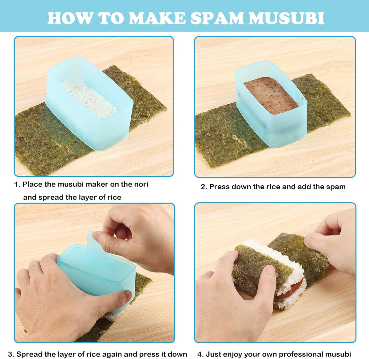 Spam Musubi Mold, 4 Pcs Musubi Maker Kit Spam Slicer Musubi Press Sushi Rice Onigiri Mold Set Egg Cutter for Luncheon Meat Hot Dog Cheese Strawberry Lunch Bento (4pc-Beige/Blue)