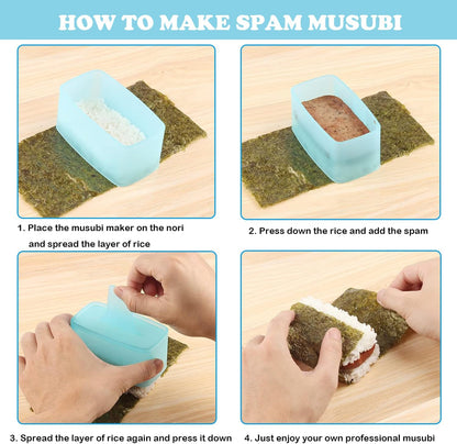 Spam Musubi Mold, 4 Pcs Musubi Maker Kit Spam Slicer Musubi Press Sushi Rice Onigiri Mold Set Egg Cutter for Luncheon Meat Hot Dog Cheese Strawberry Lunch Bento (4pc-Beige/Blue)