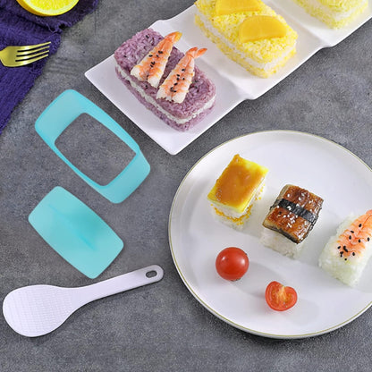 Spam Musubi Mold, 4 Pcs Musubi Maker Kit Spam Slicer Musubi Press Sushi Rice Onigiri Mold Set Egg Cutter for Luncheon Meat Hot Dog Cheese Strawberry Lunch Bento (4pc-Beige/Blue)