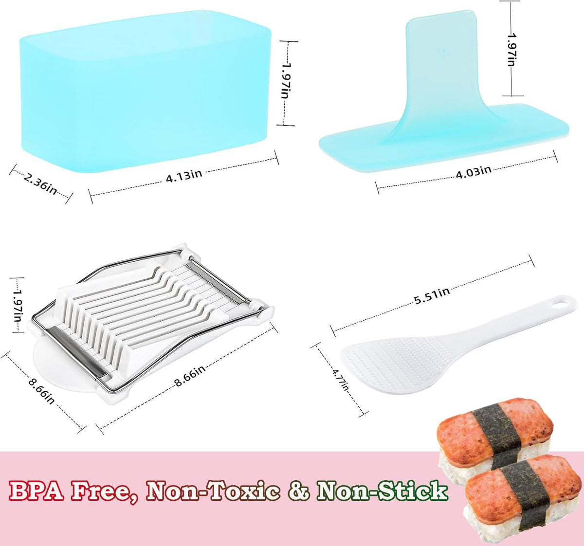 Spam Musubi Mold, 4 Pcs Musubi Maker Kit Spam Slicer Musubi Press Sushi Rice Onigiri Mold Set Egg Cutter for Luncheon Meat Hot Dog Cheese Strawberry Lunch Bento (4pc-Beige/Blue)