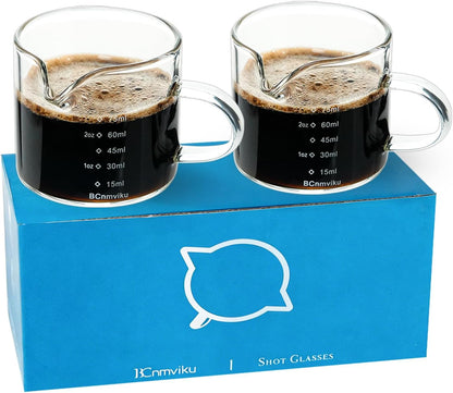 2 PACK Espresso Glass Measuring Cup Triple Pitcher Milk Cup 75ML Espresso Cups with Handle Shot Glass with V-Shaped Mouth Clear Accessories Milk Frothing Pitcher (2)