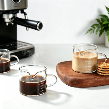 2 PACK Espresso Glass Measuring Cup Triple Pitcher Milk Cup 75ML Espresso Cups with Handle Shot Glass with V-Shaped Mouth Clear Accessories Milk Frothing Pitcher (2)