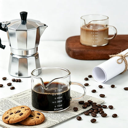 2 PACK Espresso Glass Measuring Cup Triple Pitcher Milk Cup 75ML Espresso Cups with Handle Shot Glass with V-Shaped Mouth Clear Accessories Milk Frothing Pitcher (2)