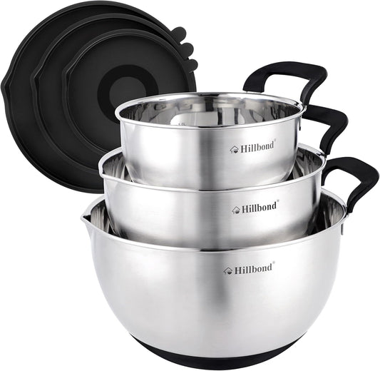 Stainless Steel Mixing Bowls with Lids Set, Set of 3, Black | mixing bowls with Pour Spout, Silicone Handle, Non-Slip Bottoms, Dishwasher Safe, Metal Mixing Bowls for baking