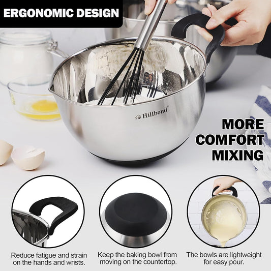 Stainless Steel Mixing Bowls with Lids Set, Set of 3, Black | mixing bowls with Pour Spout, Silicone Handle, Non-Slip Bottoms, Dishwasher Safe, Metal Mixing Bowls for baking