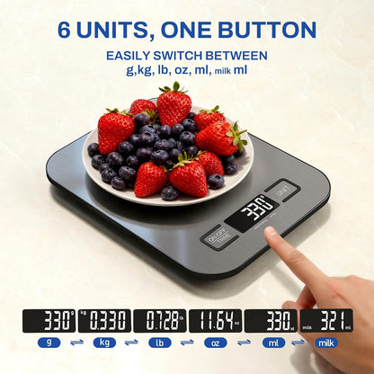Digital Kitchen Scale, 11 lb/5 kg Food Scale with 1 g Precision, 6 Units, Tare Function and Backlit LCD, Compact Stainless Steel Scale for Baking, Cooking and Meal Prep, 2 AAA Batteries Included