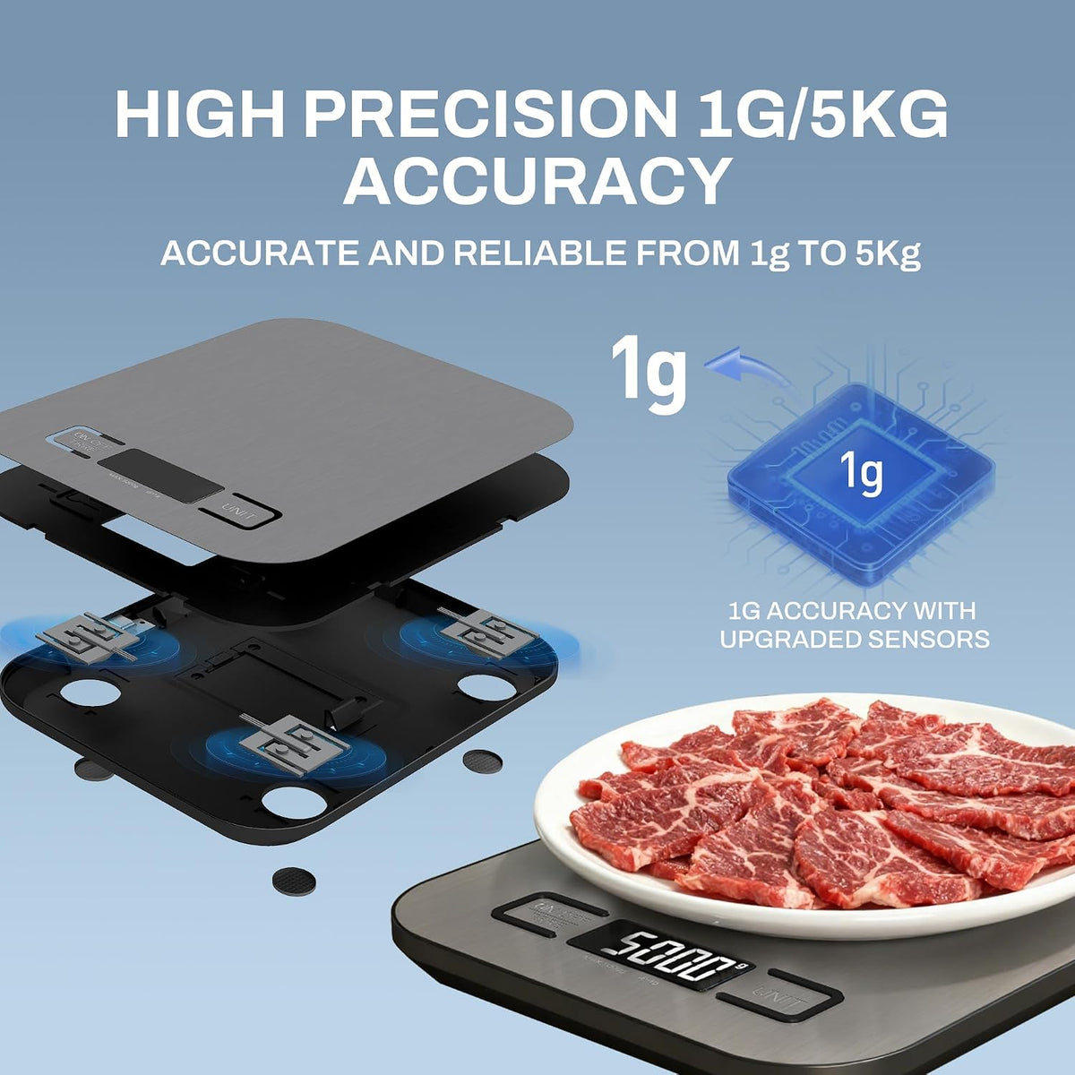 Digital Kitchen Scale, 11 lb/5 kg Food Scale with 1 g Precision, 6 Units, Tare Function and Backlit LCD, Compact Stainless Steel Scale for Baking, Cooking and Meal Prep, 2 AAA Batteries Included