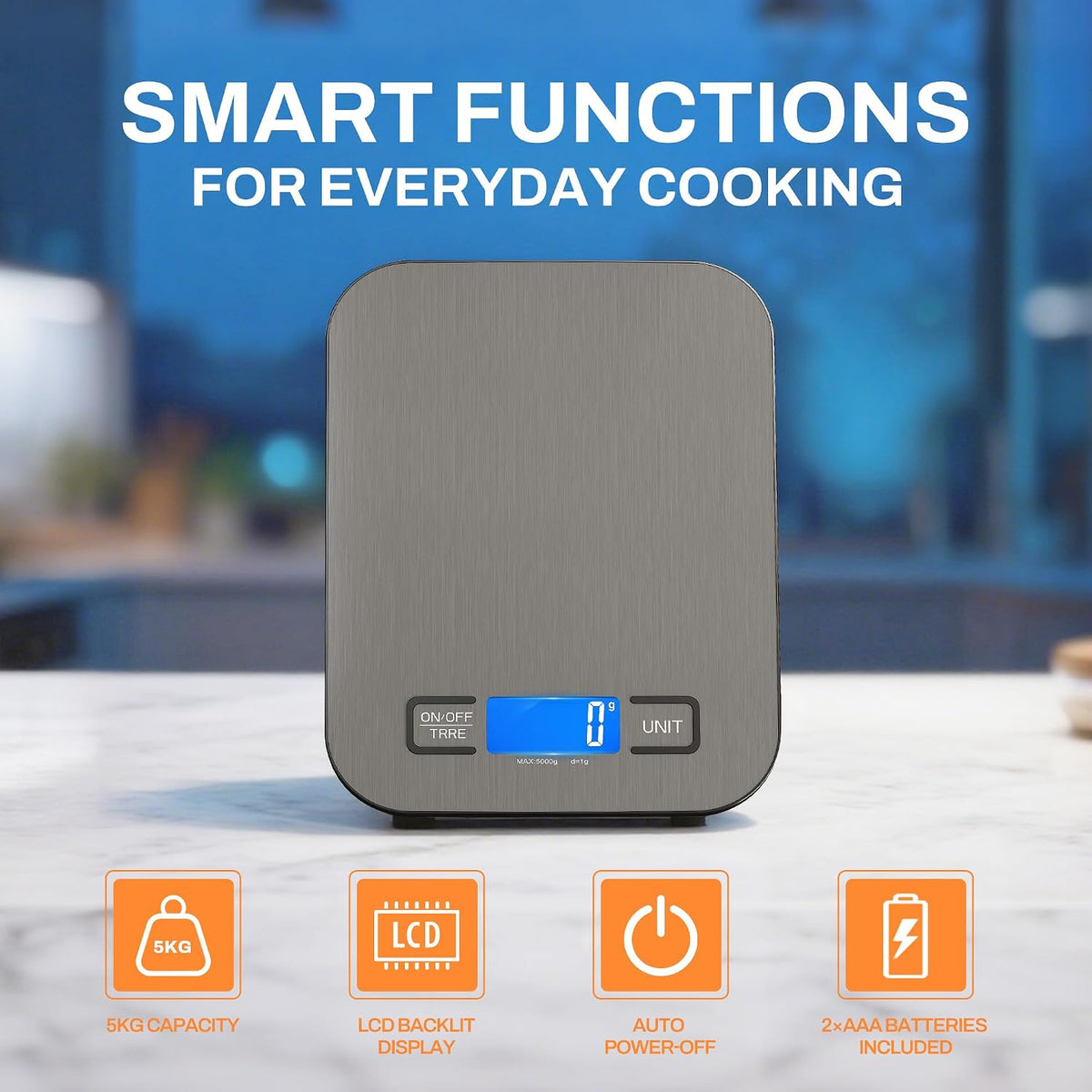 Digital Kitchen Scale, 11 lb/5 kg Food Scale with 1 g Precision, 6 Units, Tare Function and Backlit LCD, Compact Stainless Steel Scale for Baking, Cooking and Meal Prep, 2 AAA Batteries Included