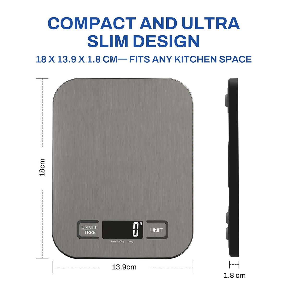 Digital Kitchen Scale, 11 lb/5 kg Food Scale with 1 g Precision, 6 Units, Tare Function and Backlit LCD, Compact Stainless Steel Scale for Baking, Cooking and Meal Prep, 2 AAA Batteries Included