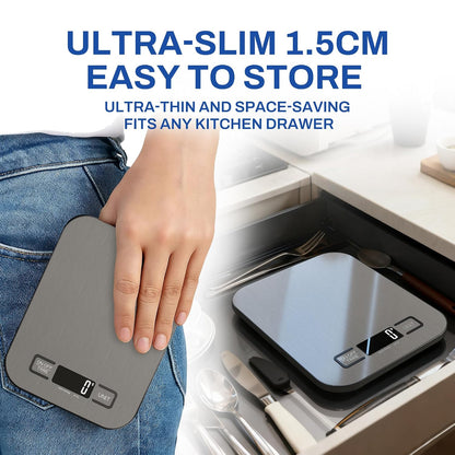 Digital Kitchen Scale, 11 lb/5 kg Food Scale with 1 g Precision, 6 Units, Tare Function and Backlit LCD, Compact Stainless Steel Scale for Baking, Cooking and Meal Prep, 2 AAA Batteries Included