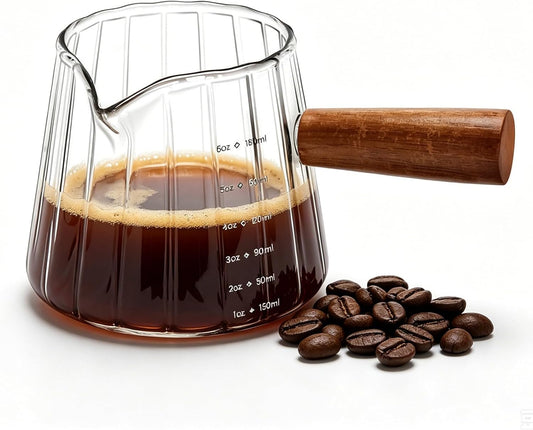Wooden Handle Coffee Cup with Scale, Espresso Accessories Double Scale Glass Measuring Cup Milk Frother Glass Cup V-Shaped Espresso Cup