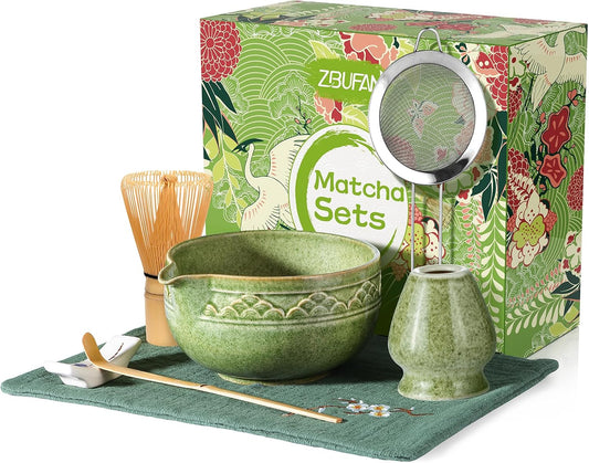 Matcha Whisk Set, 7 Pcs Green Matcha Kit with Bamboo Whisk(Chasen) and Holder, Ceramic Matcha Bowl with Spout, Japanese Tea Set with Matcha Sifter and Scoop
