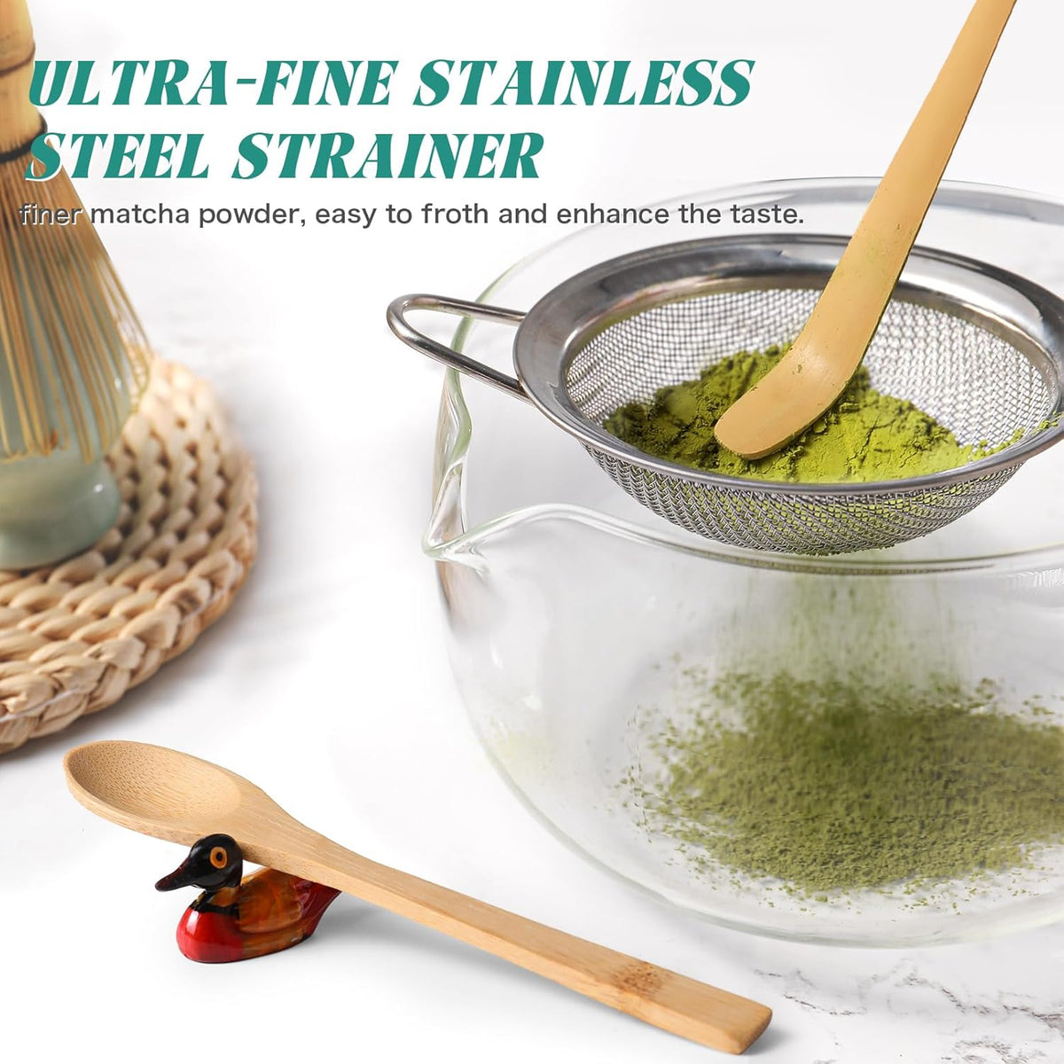 Matcha Whisk Set: Matcha Set with Bamboo Matcha Whisk and Ceramic Holder,Bamboo Scoop+Wooden Spoon,Scoop Holder,Sifter - Cute Matcha Tea Set - 6 Pcs Matcha Kit - Tools for Matchas Ceremonial Grade Kit