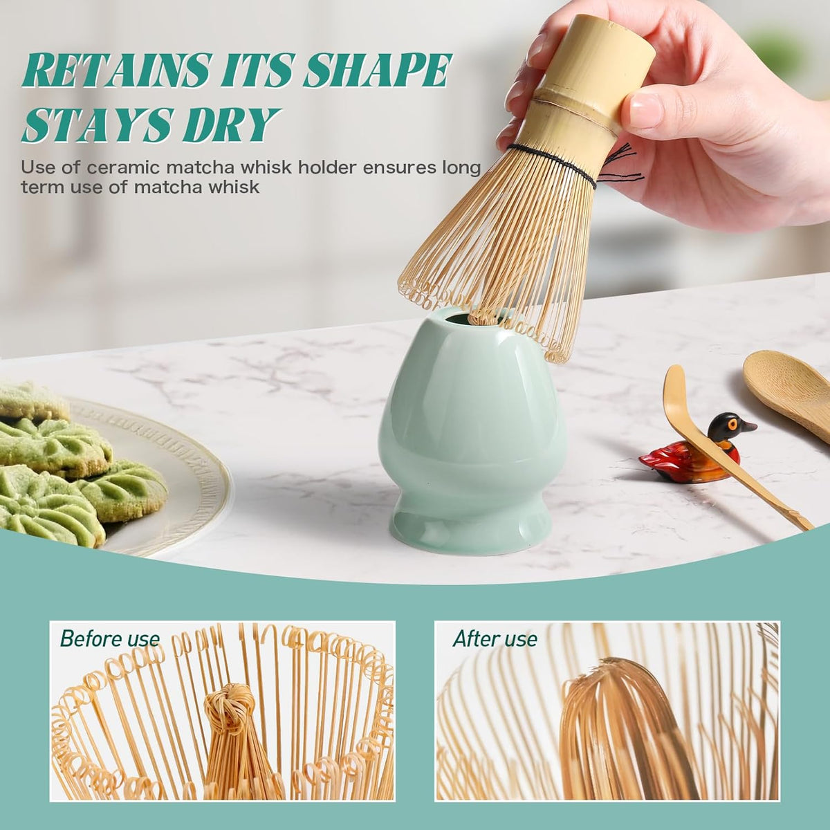 Matcha Whisk Set: Matcha Set with Bamboo Matcha Whisk and Ceramic Holder,Bamboo Scoop+Wooden Spoon,Scoop Holder,Sifter - Cute Matcha Tea Set - 6 Pcs Matcha Kit - Tools for Matchas Ceremonial Grade Kit