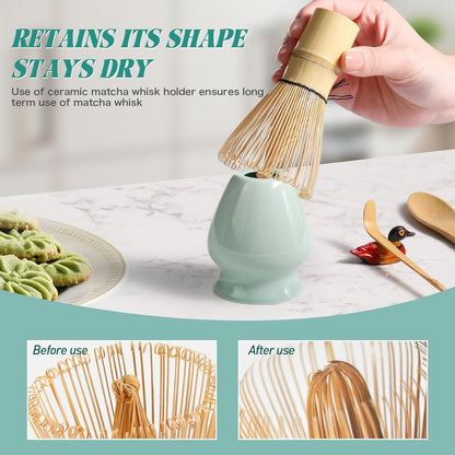 Matcha Whisk Set: Matcha Set with Bamboo Matcha Whisk and Ceramic Holder,Bamboo Scoop+Wooden Spoon,Scoop Holder,Sifter - Cute Matcha Tea Set - 6 Pcs Matcha Kit - Tools for Matchas Ceremonial Grade Kit