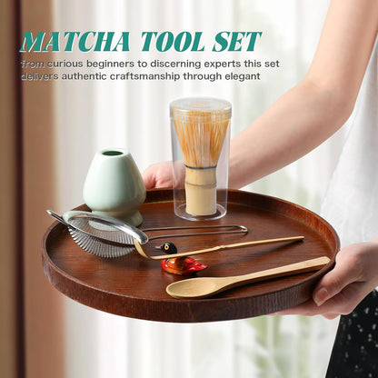Matcha Whisk Set: Matcha Set with Bamboo Matcha Whisk and Ceramic Holder,Bamboo Scoop+Wooden Spoon,Scoop Holder,Sifter - Cute Matcha Tea Set - 6 Pcs Matcha Kit - Tools for Matchas Ceremonial Grade Kit