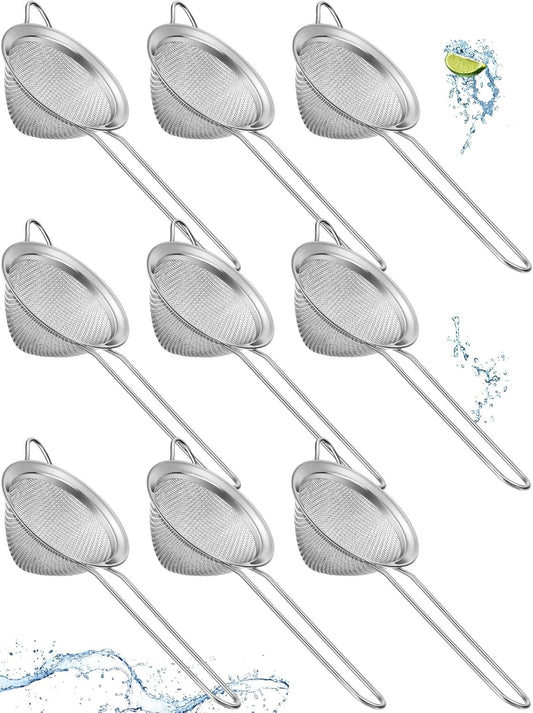 9 Pack Stainless Steel Cone Cocktail Strainer, Bar Strainer, Mesh, 3.2 in | Fine Mesh Cone Shape, Long Handle, Juice Tea Coffee Filter, Fits Most Cups, Reusable