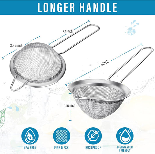 9 Pack Stainless Steel Cone Cocktail Strainer, Bar Strainer, Mesh, 3.2 in | Fine Mesh Cone Shape, Long Handle, Juice Tea Coffee Filter, Fits Most Cups, Reusable