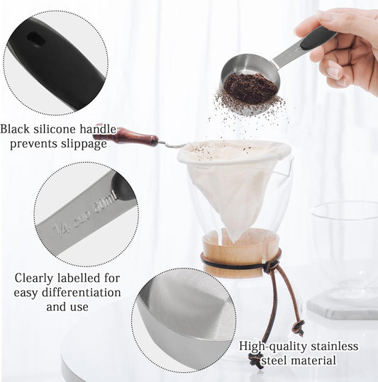 1/4 Cup Measuring Cup, 60 ML Stainless Steel Coffee Measuring Scoops, Single Metal Coffee Scoop with Black Silicone Handle