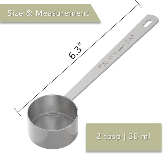 2PCS Long Handle Coffee Scoop, 2Tbsp(30ml) Measuring Spoon | 6.3" Length, Food-Grade Stainless Steel, Accurate Measurement, Dishwasher-Safe, Engraved Marking, Coffee Ritual Essential