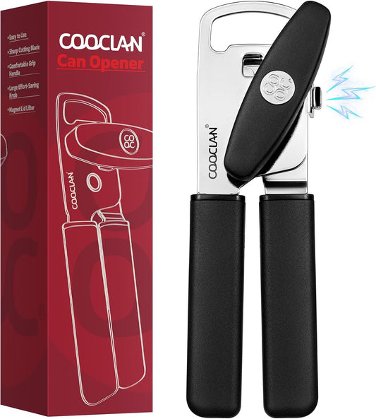Multifunction Magnetic Manual Can Opener and Bottle Opener, Black | Heavy Duty Sharp Smooth Cutting Stainless Steel Blade, Effortless Easy Turn Knob, Comfortable Grip Handle, Easy to Use