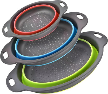 Collapsible Colander Set, 3 Pack Silicone Strainers for Kitchen-BPA Free Space Saving Design Dishwasher Safe Over Home Draining, Pasta Food Vegetables and Fruits