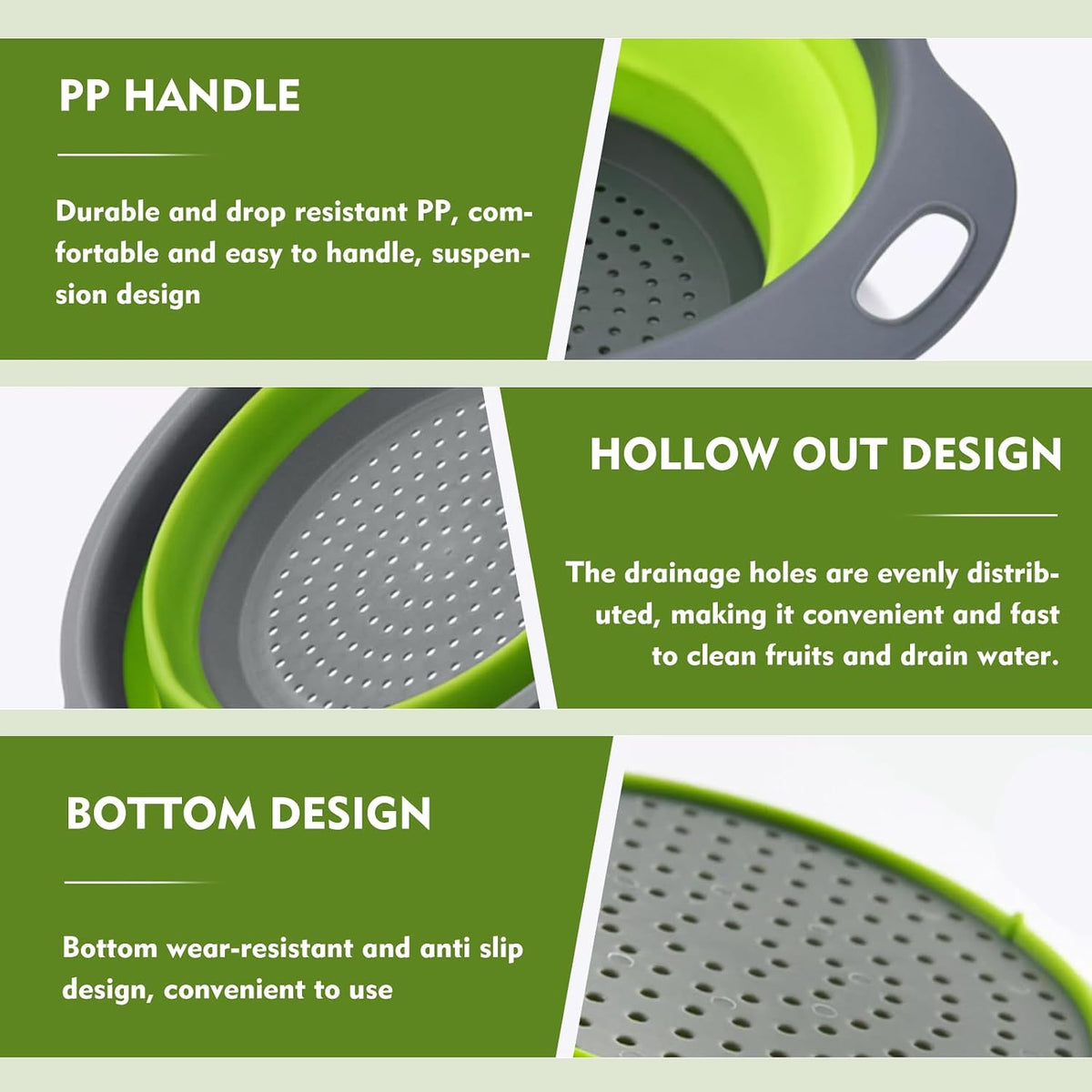 Collapsible Colander Set, 3 Pack Silicone Strainers for Kitchen-BPA Free Space Saving Design Dishwasher Safe Over Home Draining, Pasta Food Vegetables and Fruits